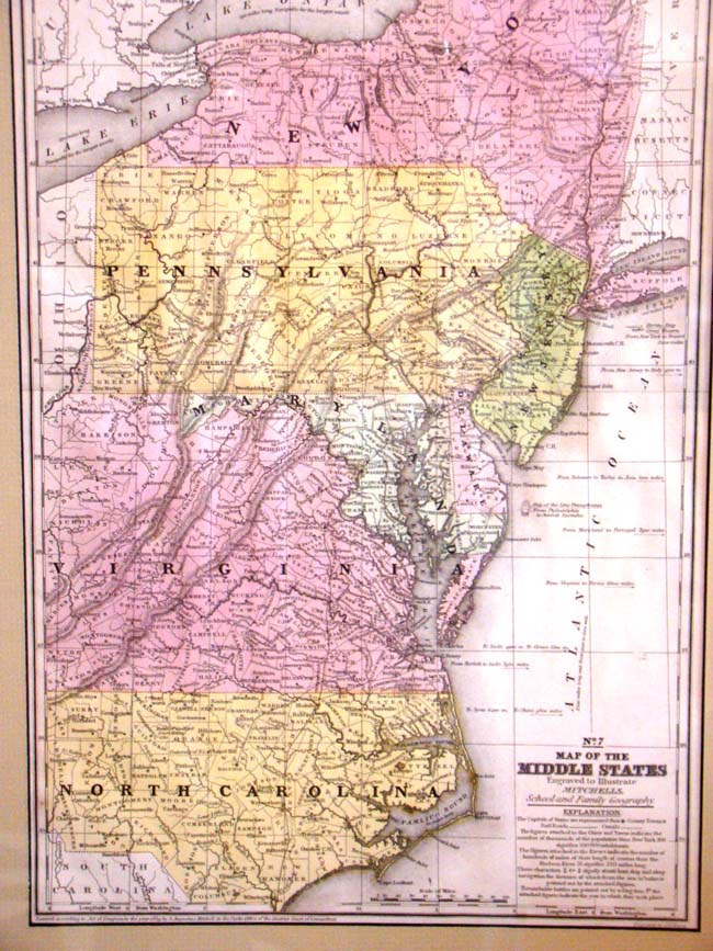A framed and matted "Map of the Middle States" from Mitchell's Geography published in 1839